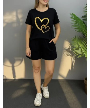 Kadın Kısa Kollu Bisiklet Yaka Viskon Iki Iplik Bluz Ve Short Ikili Takım