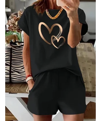 Kadın Kısa Kollu Bisiklet Yaka Viskon Iki Iplik Bluz Ve Short Ikili Takım