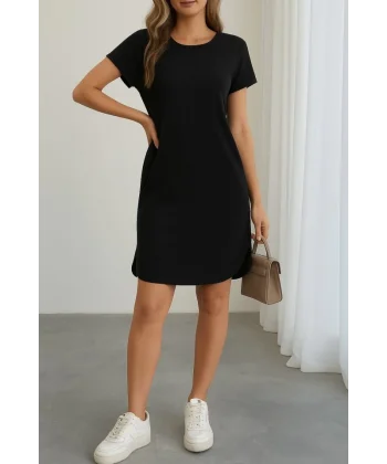 Kadın Kısa Kollu Bisiklet Yaka Viskon Iki Iplik Elbise