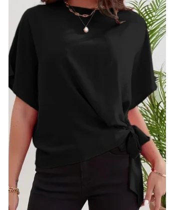 Kadın Kısa Kollu Bisiklet Yaka Yandan Bağlamalı Aerobin Bluz