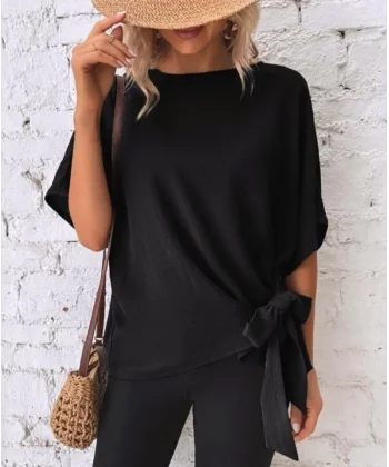 Kadın Kısa Kollu Bisiklet Yaka Yandan Bağlamalı Aerobin Bluz