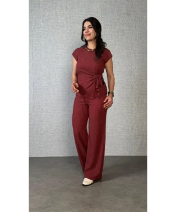 Kadın Kısa Kollu Bisiklet Yaka Yandan Bağlamalı Bürümcük Bluz Ve Pantolon Ikili Takım