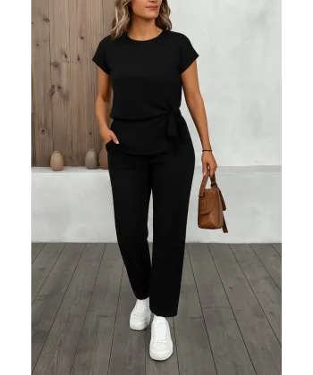 Kadın Kısa Kollu Bisiklet Yaka Yandan Bağlamalı Bürümcük Bluz Ve Pantolon Ikili Takım