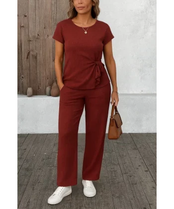 Kadın Kısa Kollu Bisiklet Yaka Yandan Bağlamalı Bürümcük Bluz Ve Pantolon Ikili Takım