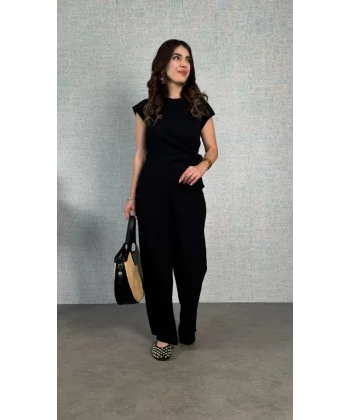 Kadın Kısa Kollu Bisiklet Yaka Yandan Bağlamalı Bürümcük Bluz Ve Pantolon Ikili Takım