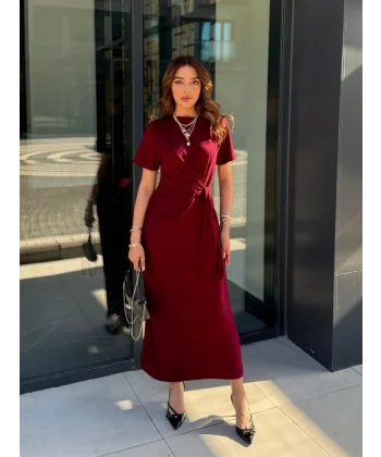 Kadın Kısa Kollu Bisiklet Yaka Yandan Bağlamalı Viskon Iki Iplik Elbise