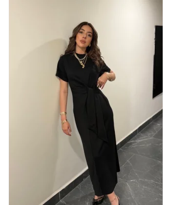 Kadın Kısa Kollu Bisiklet Yaka Yandan Bağlamalı Viskon Iki Iplik Elbise