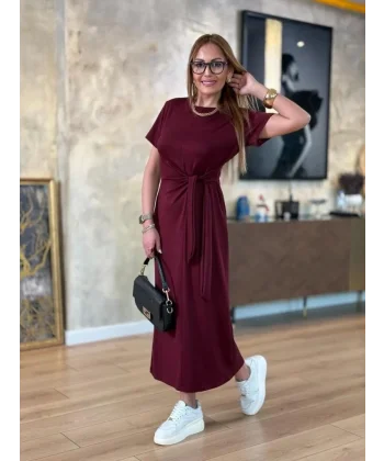 Kadın Kısa Kollu Bisiklet Yaka Yandan Bağlamalı Viskon Iki Iplik Elbise