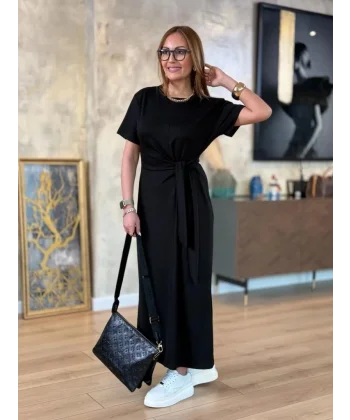 Kadın Kısa Kollu Bisiklet Yaka Yandan Bağlamalı Viskon Iki Iplik Elbise