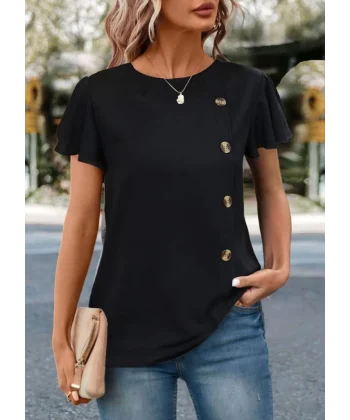 Kadın Kısa Kollu Bisiklet Yaka Yandan Düğmeli Viskon Bluz