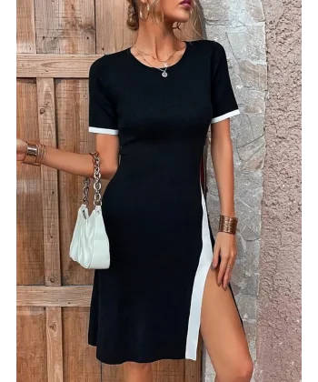 Kadın Kısa Kollu Bisiklet Yaka Yandan Yırtmaçlı Renkli şerit Detay Janjan Krep Elbise