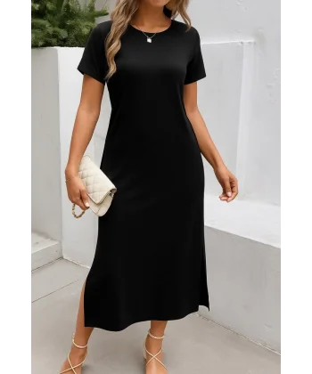 Kadın Kısa Kollu Bisiklet Yaka Yandan Yırtmaçlı Viskon Elbise