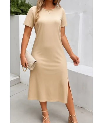 Kadın Kısa Kollu Bisiklet Yaka Yandan Yırtmaçlı Viskon Elbise