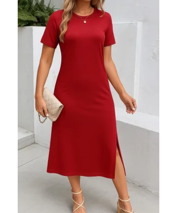 Kadın Kısa Kollu Bisiklet Yaka Yandan Yırtmaçlı Viskon Elbise