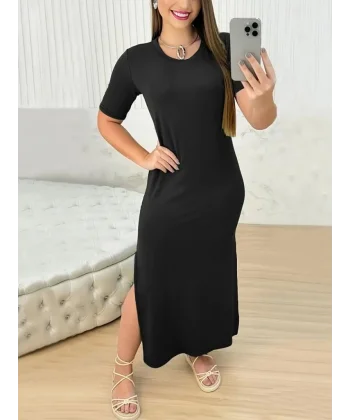 Kadın Kısa Kollu Bisiklet Yaka Yandan Yırtmaçlı Viskon Elbise