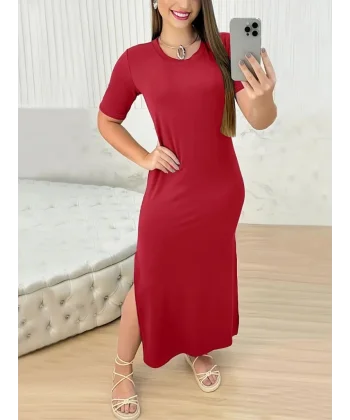 Kadın Kısa Kollu Bisiklet Yaka Yandan Yırtmaçlı Viskon Elbise