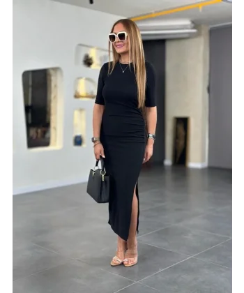 Kadın Kısa Kollu Bisiklet Yaka Yandan Yırtmaçlı Viskon Iki Iplik Elbise