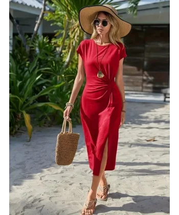 Kadın Kısa Kollu Bisiklet Yaka Yandan Yırtmaçlı Viskon Midi Elbise