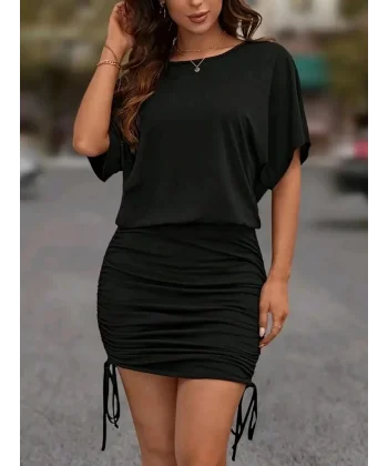 Kadın Kısa Kollu Bisiklet Yaka Yanlardan Büzgülü Kısa Viskon Elbise