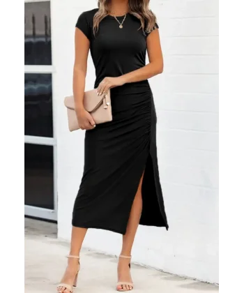 Kadın Kısa Kollu Bisiklet Yaka Yanlardan Büzgülü Yırtmaçlı Pegasus Kumaş Elbise