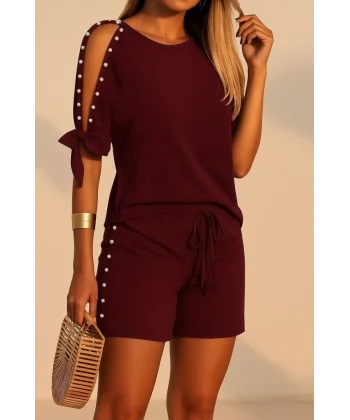 Kadın Kısa Kollu Bisiklet Yaka Yarı Açık Omuz Inci Detaylı Short T-shirt Viskon Ikili Takım