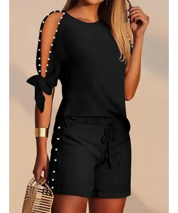 Kadın Kısa Kollu Bisiklet Yaka Yarı Açık Omuz Inci Detaylı Short T-shirt Viskon Ikili Takım