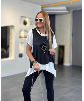 Kadın Kısa Kollu Bisiklet Yaka Yelek Bluz Asimetrik Kesim İkili Takım