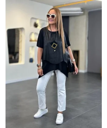 Kadın Kısa Kollu Bisiklet Yaka Yelek Bluz Asimetrik Kesim İkili Takım