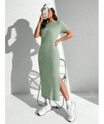 Kadın Kısa Kollu Bisiklet Yaka Yırtmaç Detay Fitilli Kaşkorse Tam Boy Elbise