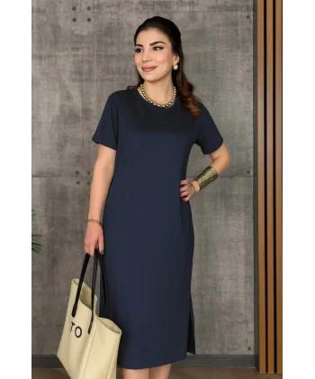 Kadın Kısa Kollu Bisiklet Yaka Yırtmaçlı Viskon Iki Iplik Elbise