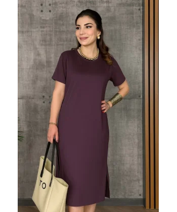 Kadın Kısa Kollu Bisiklet Yaka Yırtmaçlı Viskon Iki Iplik Elbise