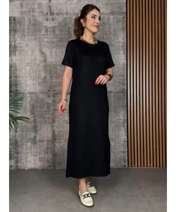 Kadın Kısa Kollu Bisiklet Yaka Yırtmaçlı Viskon Iki Iplik Elbise