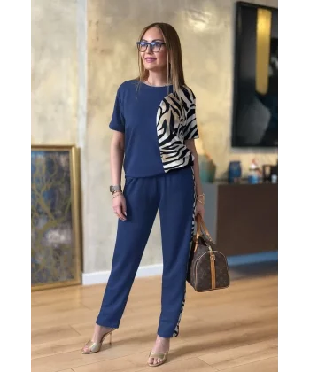 Kadın Kısa Kollu Bisiklet Yaka Zebra Desen Bluz Ve Pantolon Ikili Takım