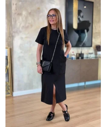 Kadın Kısa Kollu Bisiklet Yakalı Cepli önden Yırtmaçlı Viskon Iki Iplik Midi Elbise