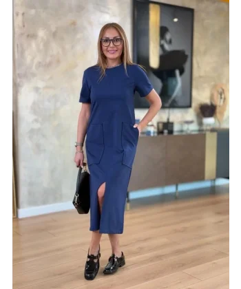 Kadın Kısa Kollu Bisiklet Yakalı Cepli önden Yırtmaçlı Viskon Iki Iplik Midi Elbise