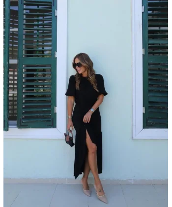 Kadın Kısa Kollu Bisiklet Yakalı Yandan Yırtmaçlı Büzgülü Janjan Krep Elbise