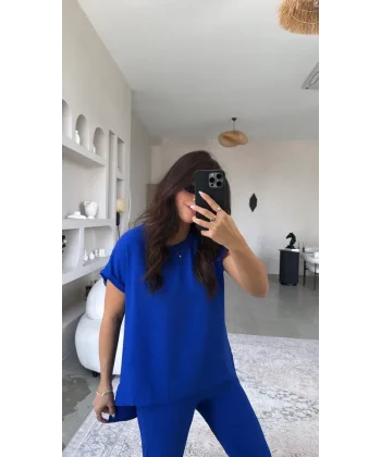 Kadın Kısa Kollu Bluz Ve Bileği Pens Detay Pantolon Ikili Takım