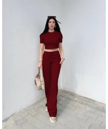 Kadın Kısa Kollu Bluz Ve Yüksek Bel Bol Baça Pantolon Ikili Takım