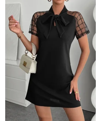 Kadın Kısa Kollu Boyundan Bağlamalı Omuzlarda Tül Detaylı Janjan Krep Elbise