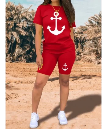 Kadın Kısa Kollu çapa Baskılı Viskon Ikili Takım