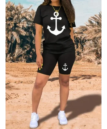 Kadın Kısa Kollu çapa Baskılı Viskon Ikili Takım