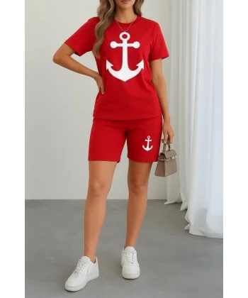 Kadın Kısa Kollu çapa Baskılı Viskon Ikili Takım