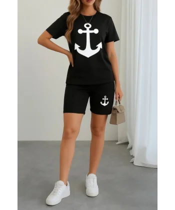 Kadın Kısa Kollu çapa Baskılı Viskon Ikili Takım