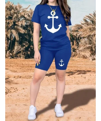 Kadın Kısa Kollu çapa Baskılı Viskon Ikili Takım