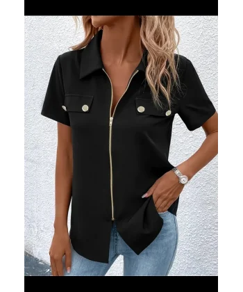 Kadın Kısa Kollu Ceket Yaka önü Fermuarlı Cep Detay Kısa Kol Ithal Krep Bluz