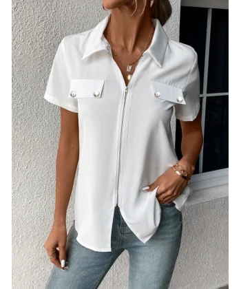 Kadın Kısa Kollu Ceket Yaka önü Fermuarlı Cep Detay Kısa Kol Ithal Krep Bluz