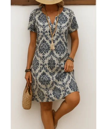 Kadın Kısa Kollu çentik Yaka çiçek Desenli Keten Elbise