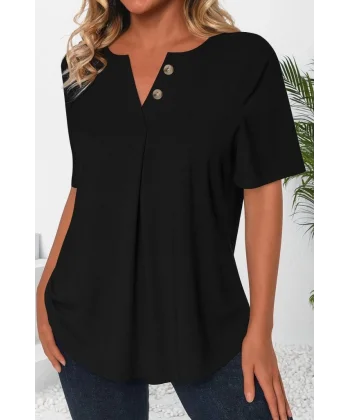 Kadın Kısa Kollu çentikli V Düğme Detaylı V Yaka önden Pileli Ithal Keten Bluz