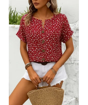 Kadın Kısa Kollu çentikli V Yaka Ve Düğme Detaylı çiçek Desenli Süprem Bluz