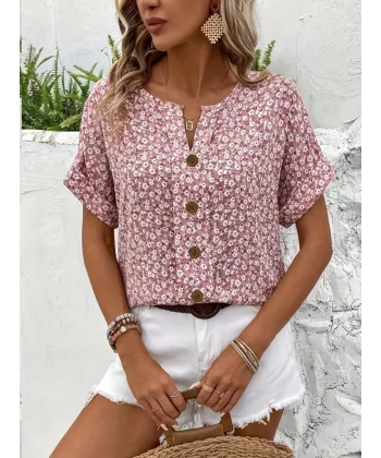 Kadın Kısa Kollu çentikli V Yaka Ve Düğme Detaylı çiçek Desenli Süprem Bluz